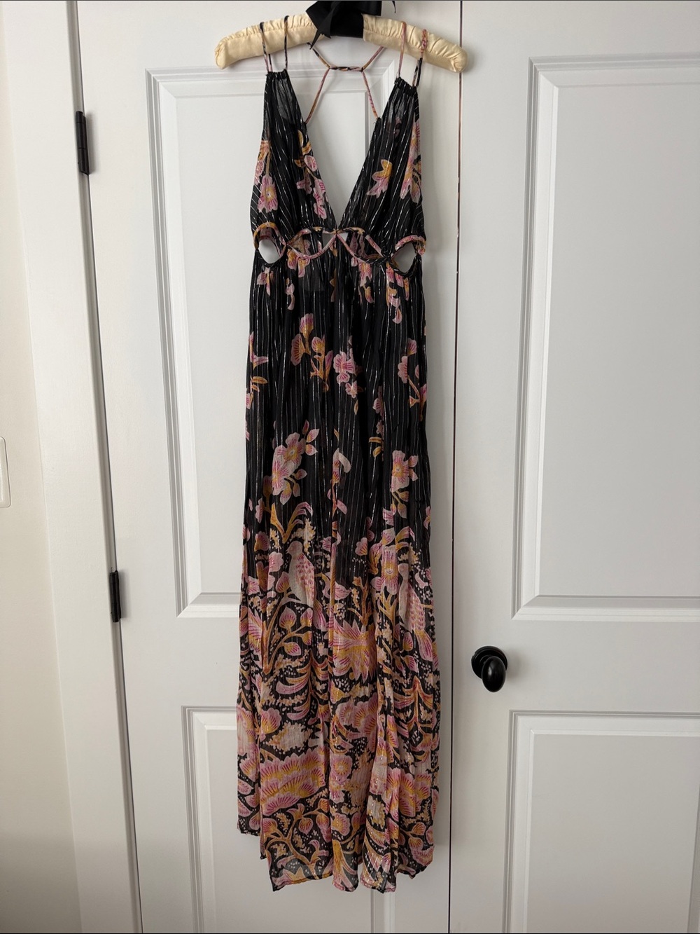 Black Floral V-Neck Maxi Dress with Pink Accents
